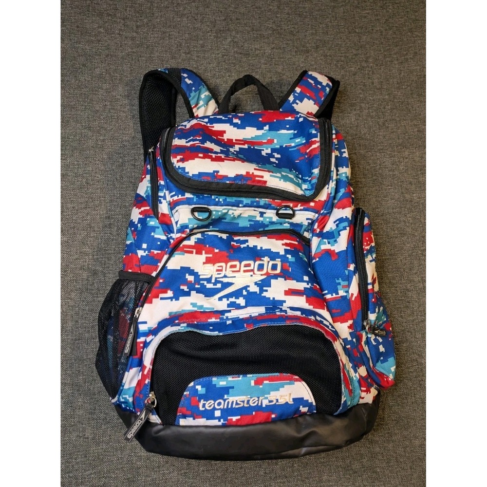 Speedo Teamster 35L Swim Backpack Red White Blue USA Digital Camo Print Bag
